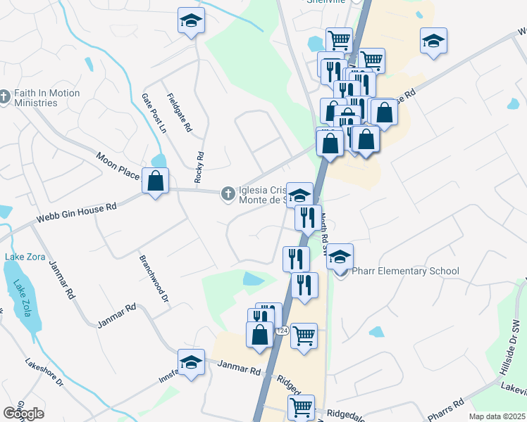 map of restaurants, bars, coffee shops, grocery stores, and more near 1716 Litchfield Road Southwest in Snellville