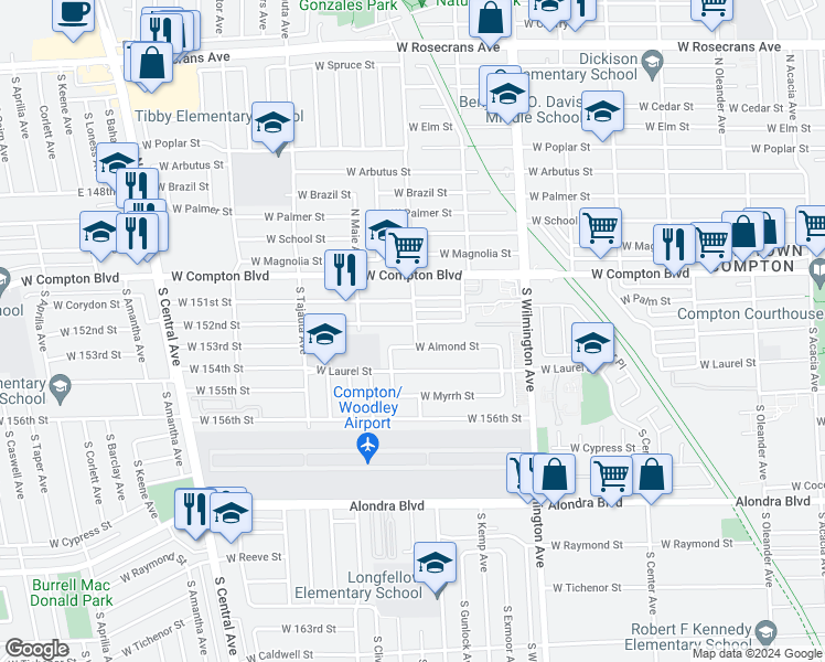 map of restaurants, bars, coffee shops, grocery stores, and more near 1000 West 152nd Street in Compton