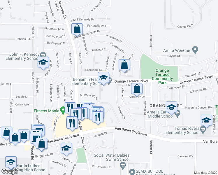 map of restaurants, bars, coffee shops, grocery stores, and more near 19661 Orange Terrace Parkway in Riverside
