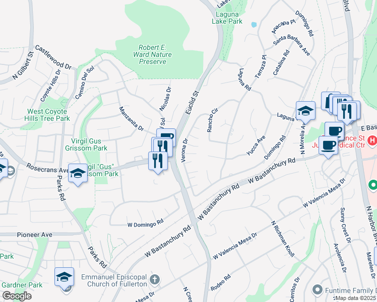map of restaurants, bars, coffee shops, grocery stores, and more near 1000 Verona Drive in Fullerton