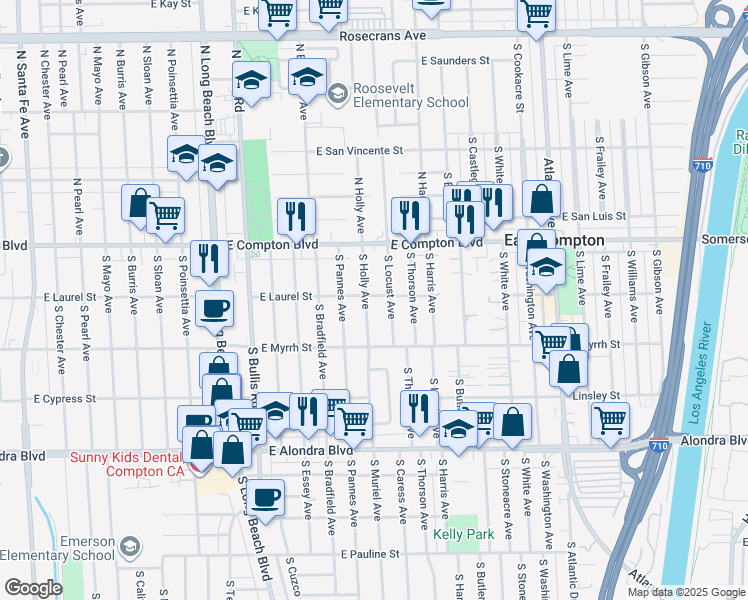 map of restaurants, bars, coffee shops, grocery stores, and more near 302 South Holly Avenue in Compton
