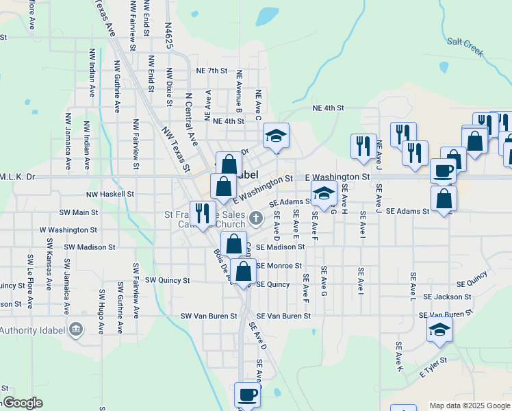 map of restaurants, bars, coffee shops, grocery stores, and more near 106 Southeast Avenue A in Idabel