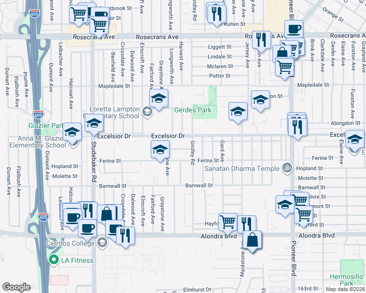 map of restaurants, bars, coffee shops, grocery stores, and more near 11339 Highdale Street in Norwalk