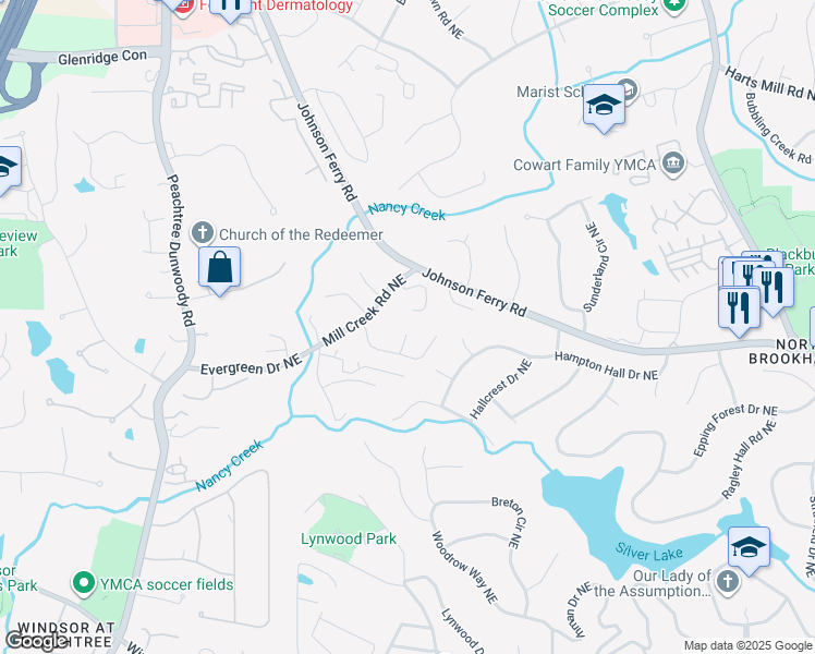 map of restaurants, bars, coffee shops, grocery stores, and more near 3510 Browning Lane Northeast in Atlanta
