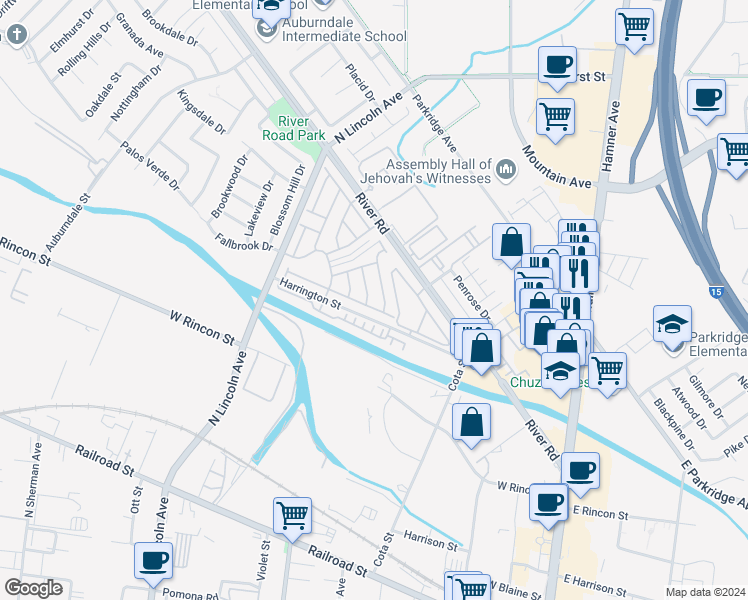 map of restaurants, bars, coffee shops, grocery stores, and more near 831 Shade Tree Way in Corona