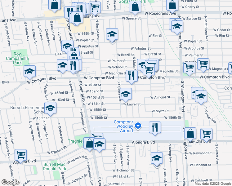 map of restaurants, bars, coffee shops, grocery stores, and more near 1424 West 152nd Street in Compton