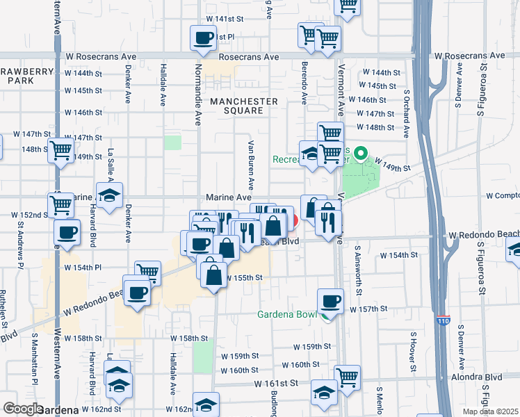 map of restaurants, bars, coffee shops, grocery stores, and more near 15122 Budlong Avenue in Gardena