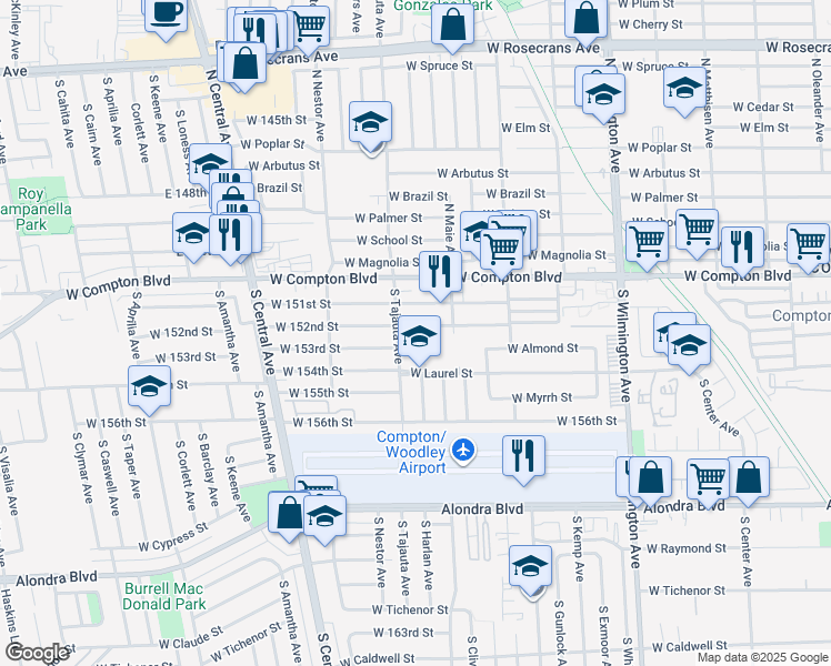 map of restaurants, bars, coffee shops, grocery stores, and more near 1366 West 152nd Street in Compton