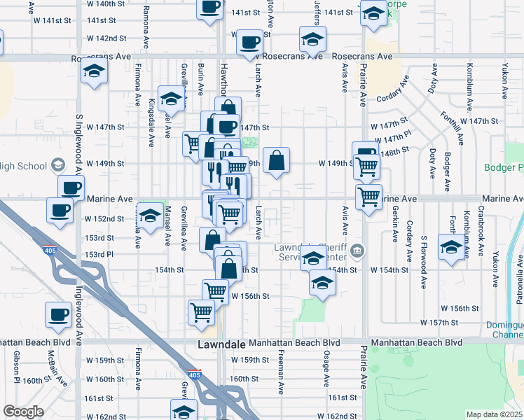 map of restaurants, bars, coffee shops, grocery stores, and more near 62 Larch Avenue in Lawndale
