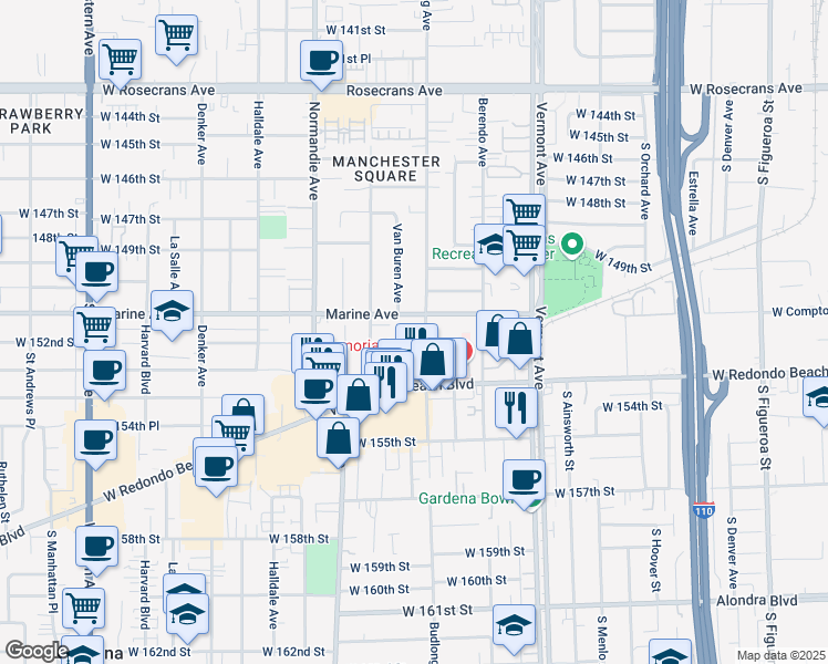 map of restaurants, bars, coffee shops, grocery stores, and more near 15122 Budlong Avenue in Gardena