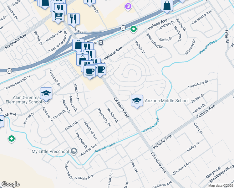 map of restaurants, bars, coffee shops, grocery stores, and more near 10974 Elkwood Circle in Riverside