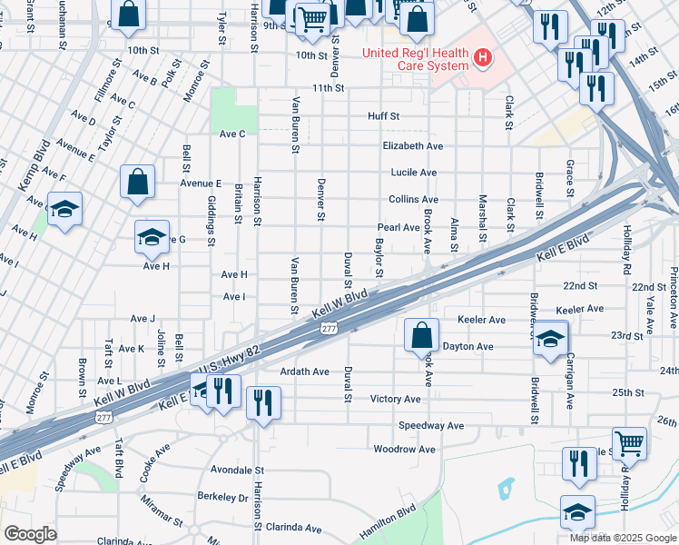 map of restaurants, bars, coffee shops, grocery stores, and more near 1818 Wilson Avenue in Wichita Falls