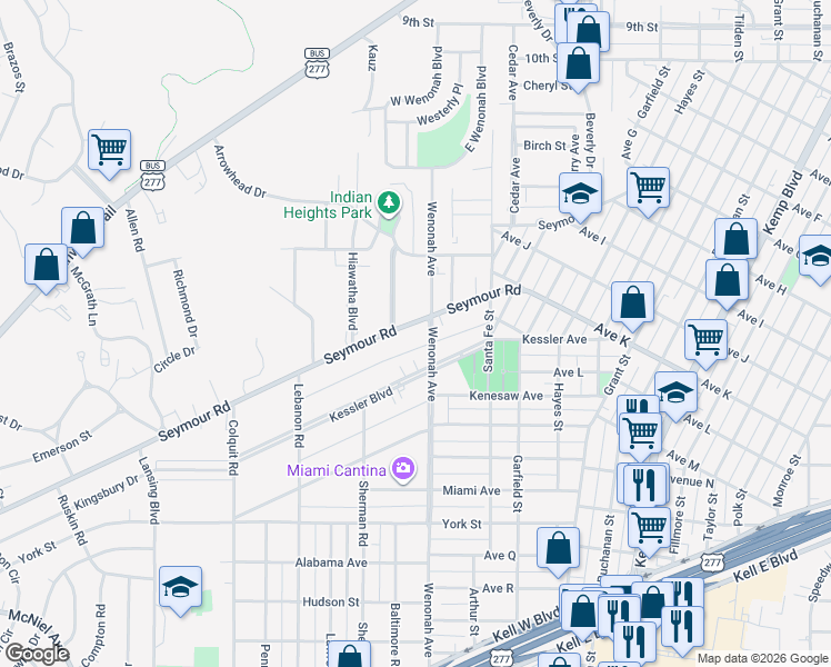 map of restaurants, bars, coffee shops, grocery stores, and more near 3303 Seymour Road in Wichita Falls