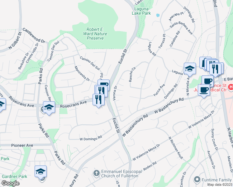 map of restaurants, bars, coffee shops, grocery stores, and more near 1000 Verona Drive in Fullerton