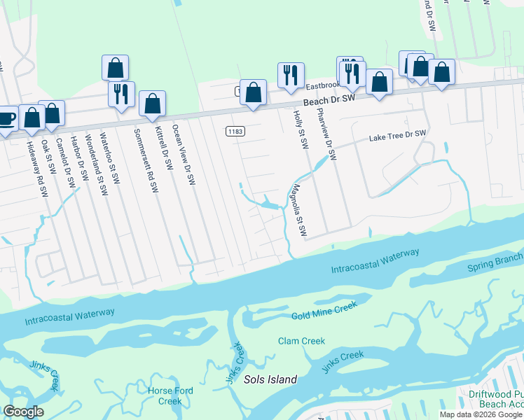 map of restaurants, bars, coffee shops, grocery stores, and more near 1931 Ocean Haven Road Southwest in Ocean Isle Beach