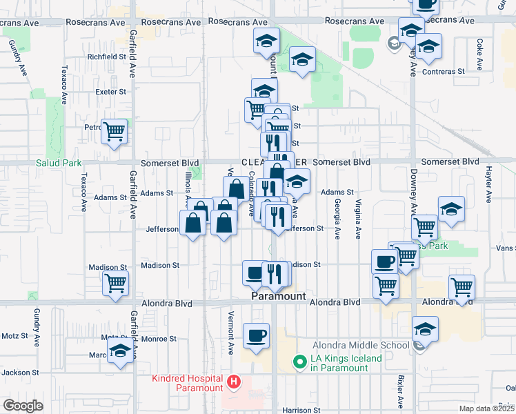 map of restaurants, bars, coffee shops, grocery stores, and more near 15320 Colorado Avenue in Paramount