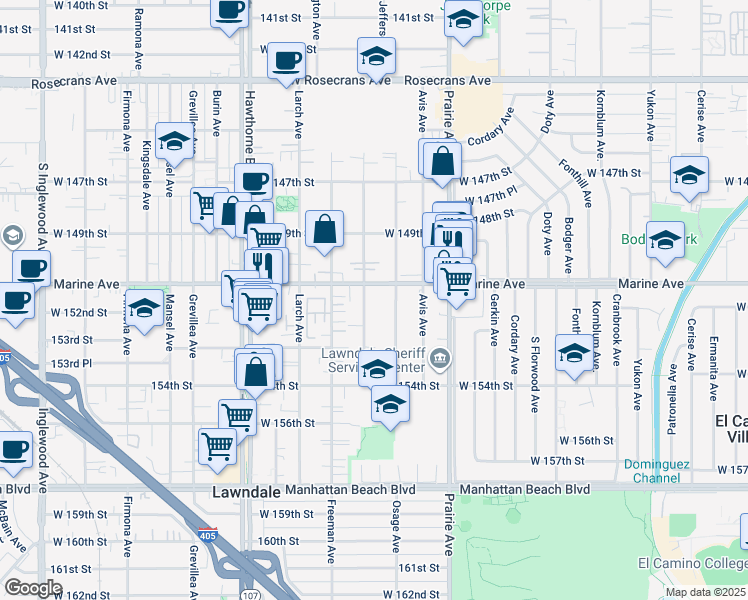 map of restaurants, bars, coffee shops, grocery stores, and more near 15116 Eastwood Avenue in Lawndale
