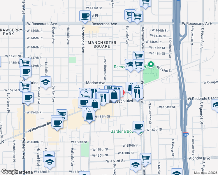 map of restaurants, bars, coffee shops, grocery stores, and more near 15121 Budlong Avenue in Gardena