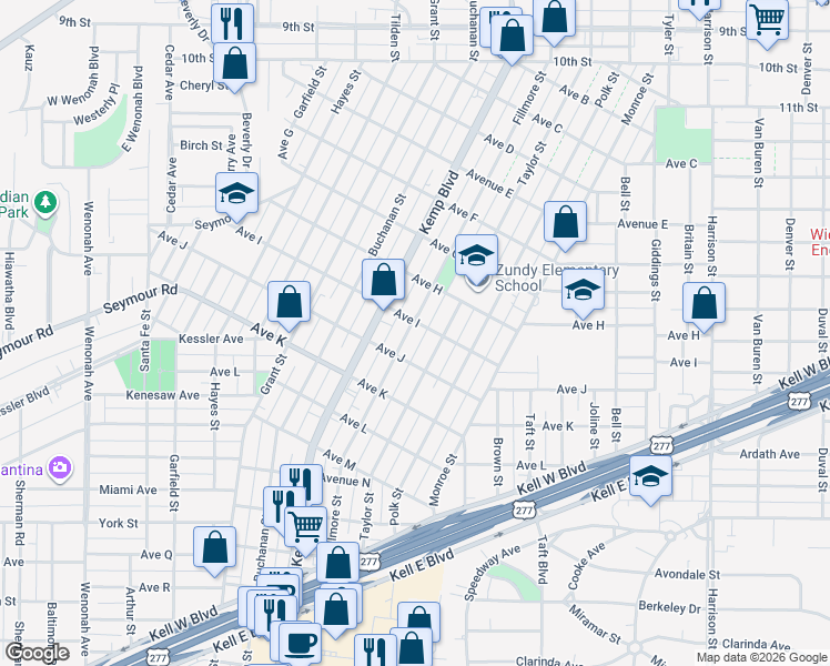 map of restaurants, bars, coffee shops, grocery stores, and more near 2401-2499 Avenue I in Wichita Falls