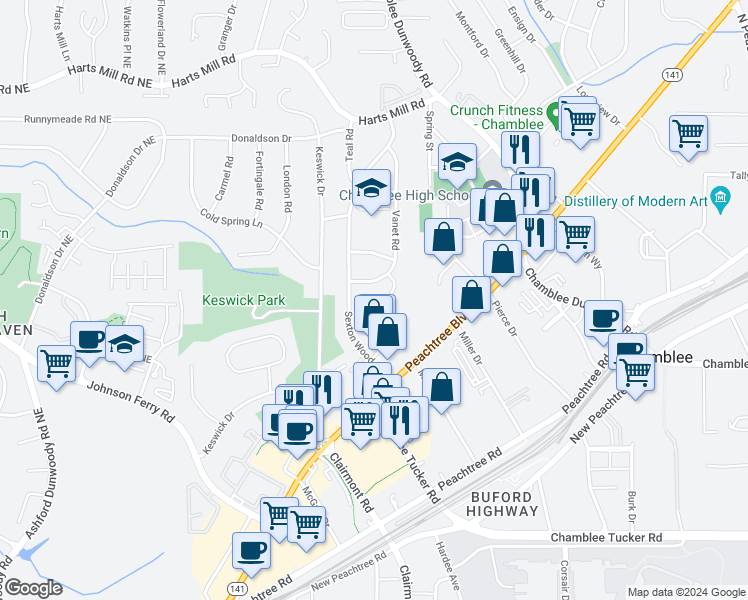 map of restaurants, bars, coffee shops, grocery stores, and more near 3518 Hamlin Circle in Chamblee