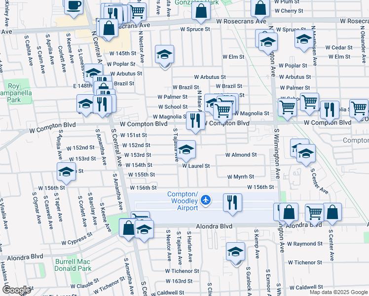 map of restaurants, bars, coffee shops, grocery stores, and more near 1366 West 152nd Street in Compton