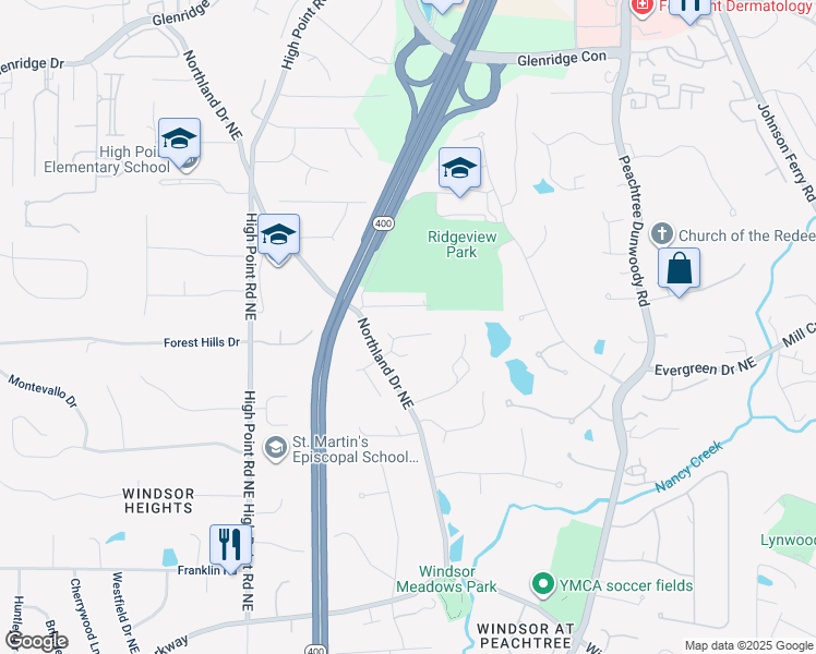 map of restaurants, bars, coffee shops, grocery stores, and more near 180 Morgan Farm Drive in Atlanta