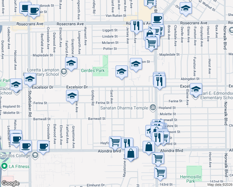 map of restaurants, bars, coffee shops, grocery stores, and more near 15024 Roseton Avenue in Norwalk