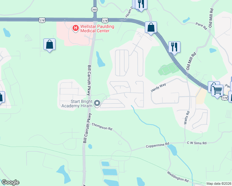 map of restaurants, bars, coffee shops, grocery stores, and more near 7 Greystone Circle in Hiram