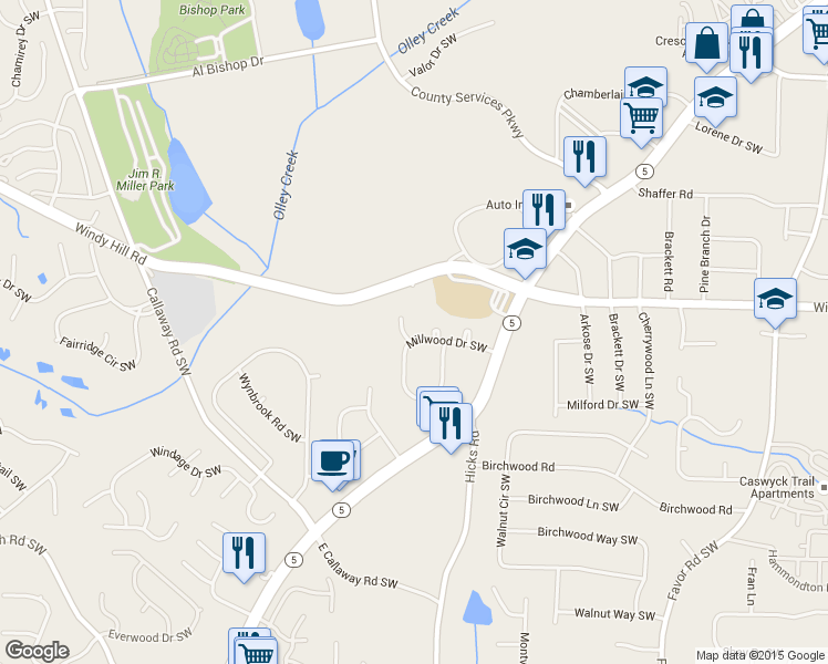map of restaurants, bars, coffee shops, grocery stores, and more near 924 Millwood Dr SW in Marietta