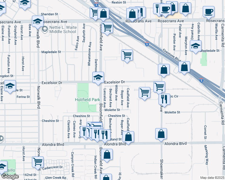 map of restaurants, bars, coffee shops, grocery stores, and more near 15112 Bechard Avenue in Norwalk
