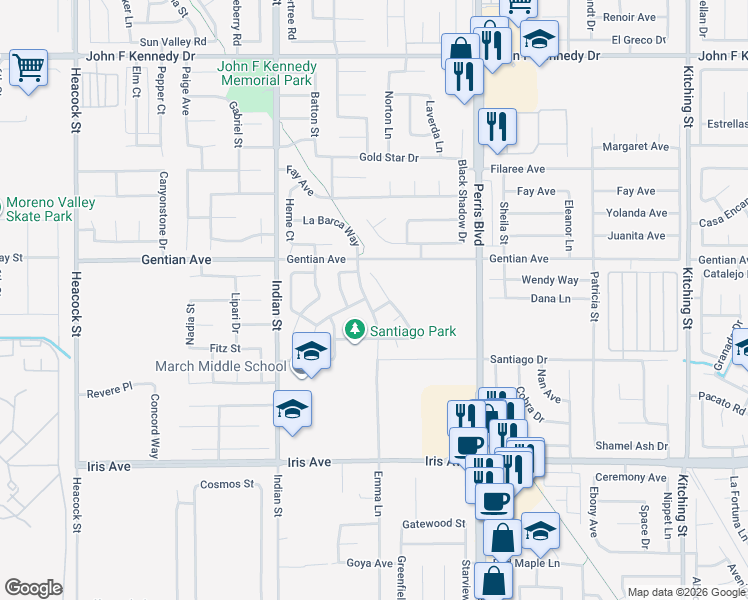 map of restaurants, bars, coffee shops, grocery stores, and more near Madras Way in Moreno Valley