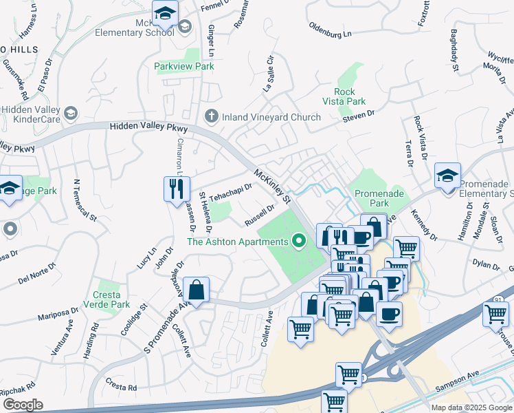map of restaurants, bars, coffee shops, grocery stores, and more near 712 Mount Thompson Circle in Corona