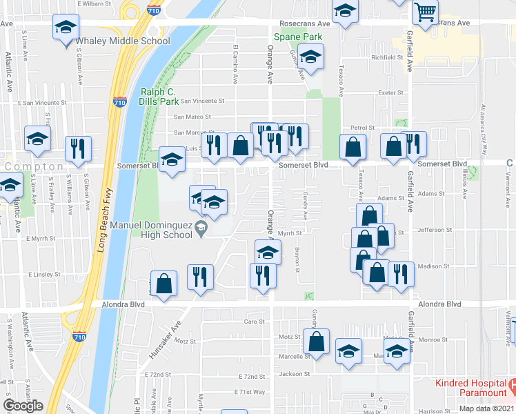 map of restaurants, bars, coffee shops, grocery stores, and more near 15325 Orange Avenue in Paramount