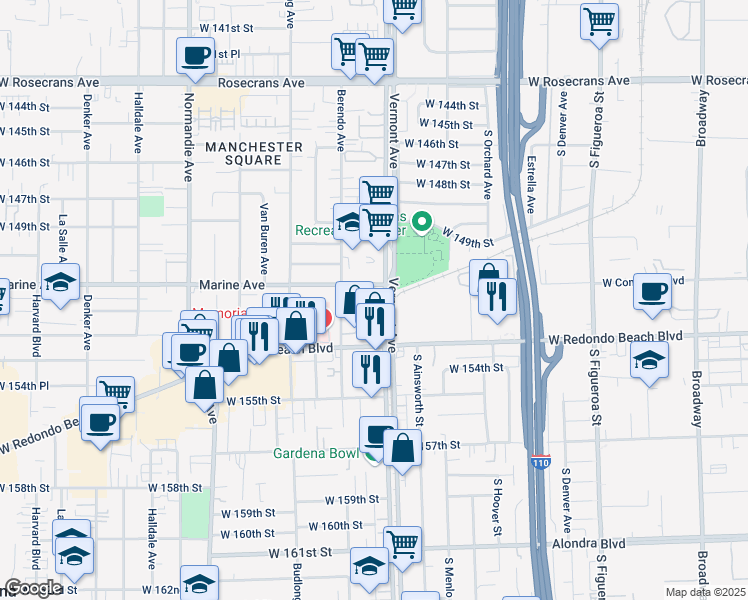 map of restaurants, bars, coffee shops, grocery stores, and more near 1028 Marine Avenue in Gardena