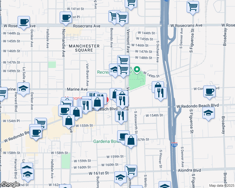 map of restaurants, bars, coffee shops, grocery stores, and more near 1028 Marine Avenue in Gardena