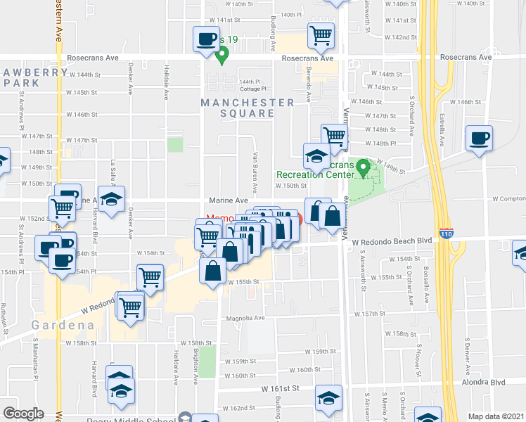 map of restaurants, bars, coffee shops, grocery stores, and more near 15122 Budlong Avenue in Gardena