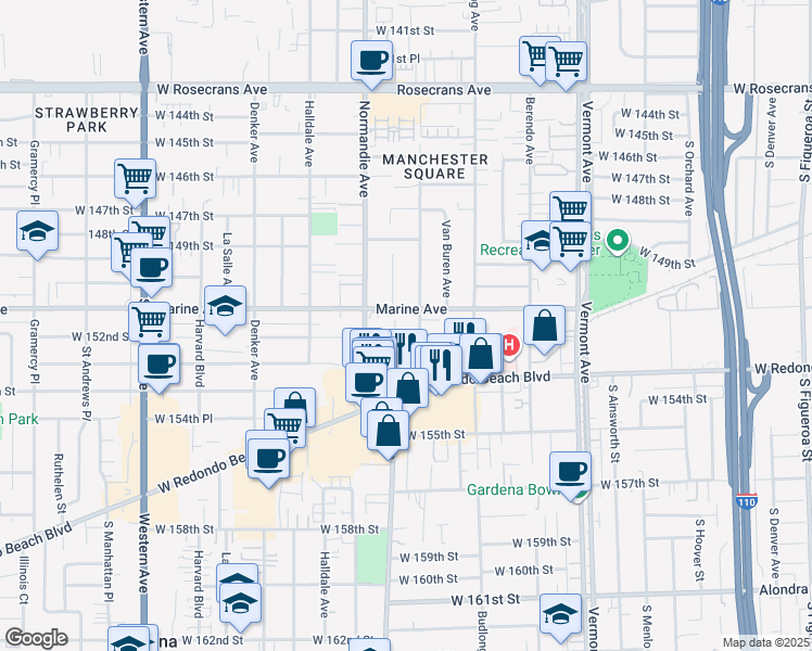 map of restaurants, bars, coffee shops, grocery stores, and more near 15125 South Raymond Avenue in Gardena