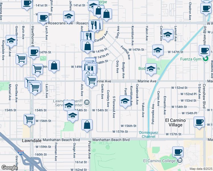 map of restaurants, bars, coffee shops, grocery stores, and more near 15113 Cordary Avenue in Lawndale