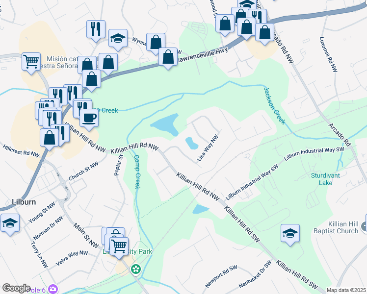 map of restaurants, bars, coffee shops, grocery stores, and more near 226 Sandra Drive Northwest in Lilburn