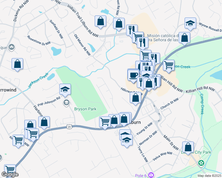 map of restaurants, bars, coffee shops, grocery stores, and more near 423 Hillcrest Road Northwest in Lilburn