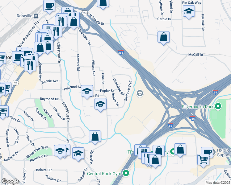 map of restaurants, bars, coffee shops, grocery stores, and more near 3527 Indian Lane in Atlanta