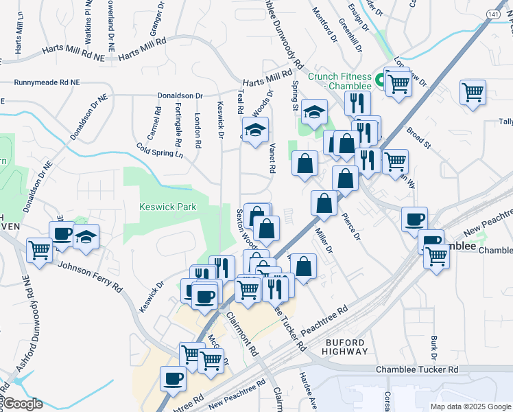 map of restaurants, bars, coffee shops, grocery stores, and more near 3518 Hamlin Circle in Chamblee
