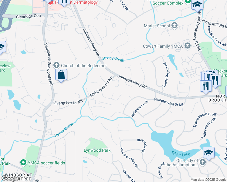 map of restaurants, bars, coffee shops, grocery stores, and more near 3510 Browning Lane Northeast in Atlanta