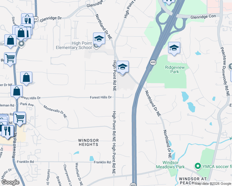 map of restaurants, bars, coffee shops, grocery stores, and more near 600 Forest Hills Drive in Atlanta