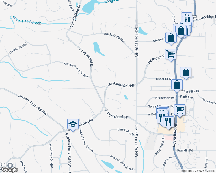map of restaurants, bars, coffee shops, grocery stores, and more near 98 Mount Paran Road Northwest in Sandy Springs