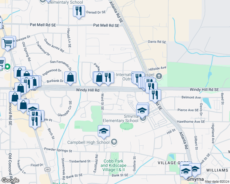 map of restaurants, bars, coffee shops, grocery stores, and more near 970 Windy Hill Road Southeast in Smyrna