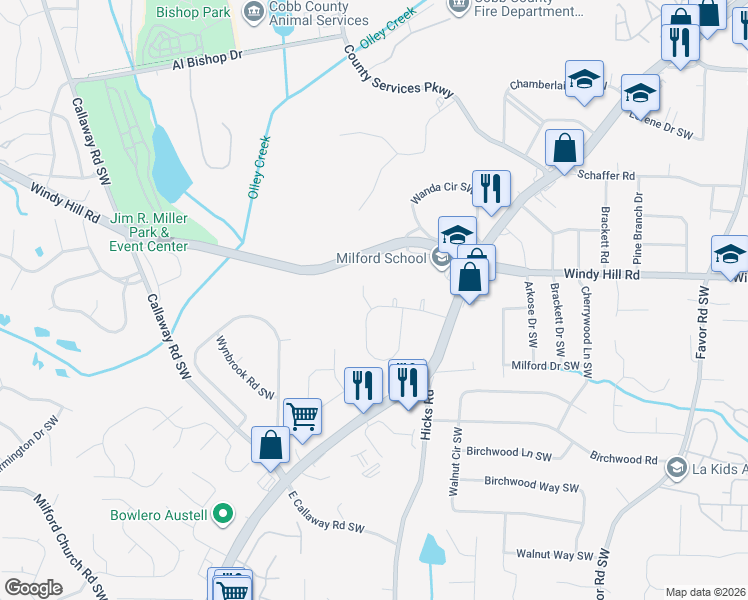map of restaurants, bars, coffee shops, grocery stores, and more near 924 Millwood Drive Southwest in Marietta