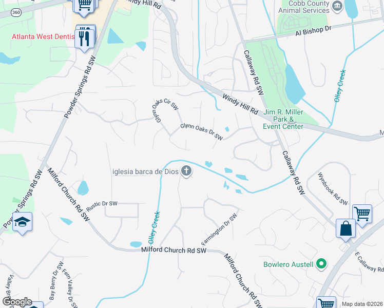 map of restaurants, bars, coffee shops, grocery stores, and more near 1442 Glynn Oaks Drive Southwest in Marietta