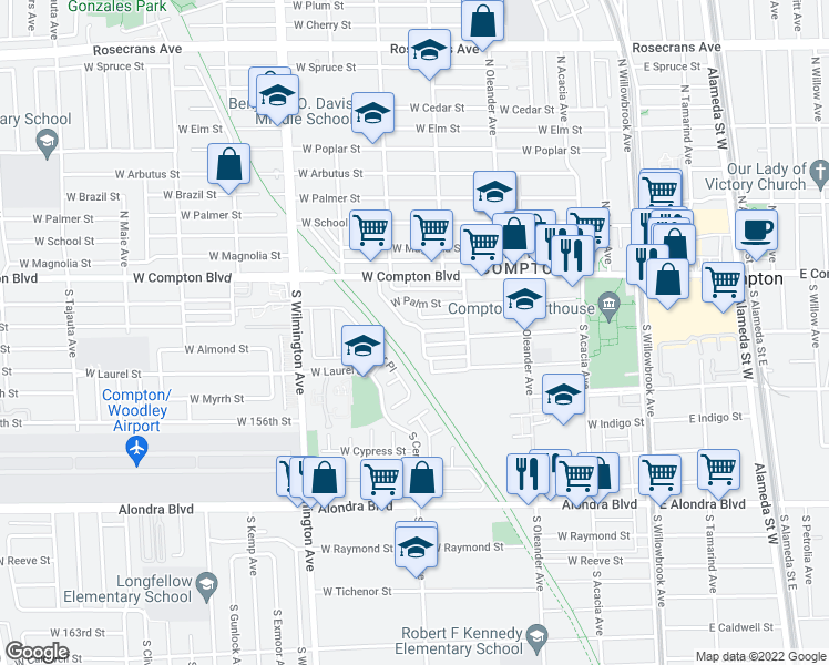 map of restaurants, bars, coffee shops, grocery stores, and more near 227 South Matthisen Avenue in Compton