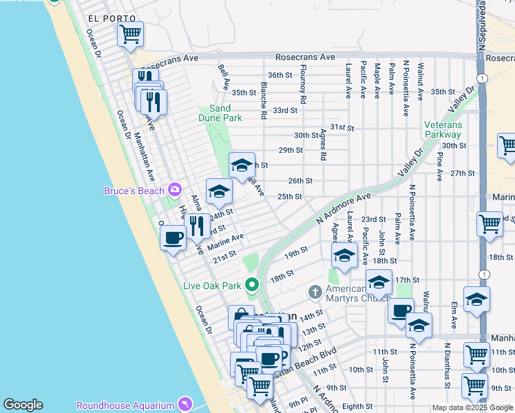 map of restaurants, bars, coffee shops, grocery stores, and more near 534 24th Street in Manhattan Beach